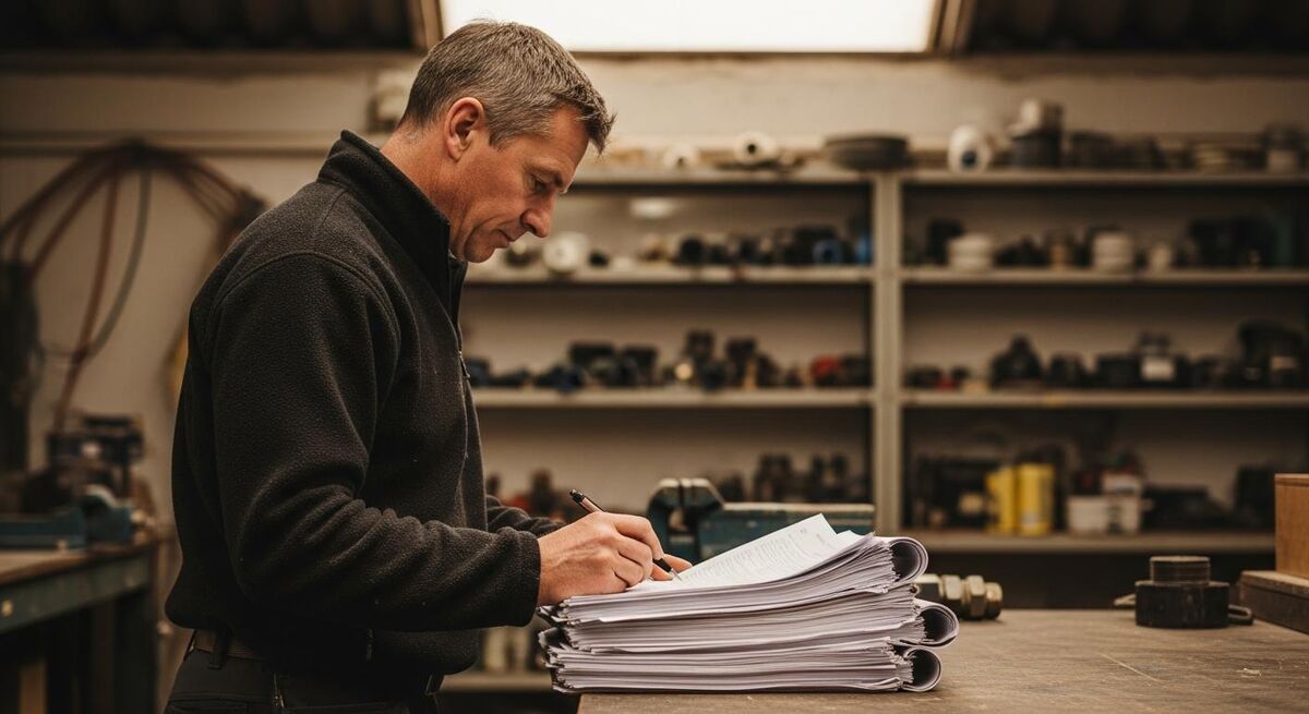 Trades business owner reviewing job records at a workbench