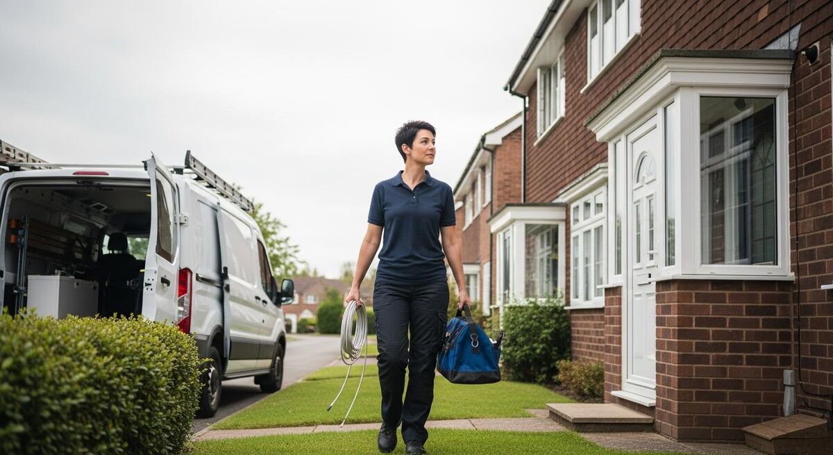 Engineer carrying tools and materials between a van and a job site