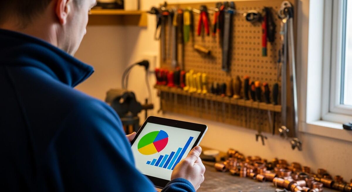 Tradesperson reviewing job costing data on a tablet in a workshop