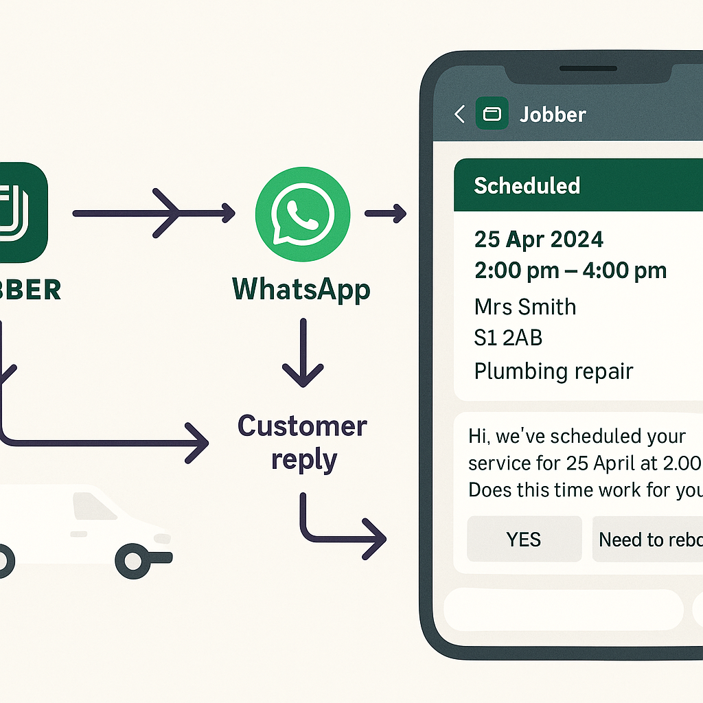 Jobber to WhatsApp (UK): automate booking confirmations with Make.com and cut no-shows featured image