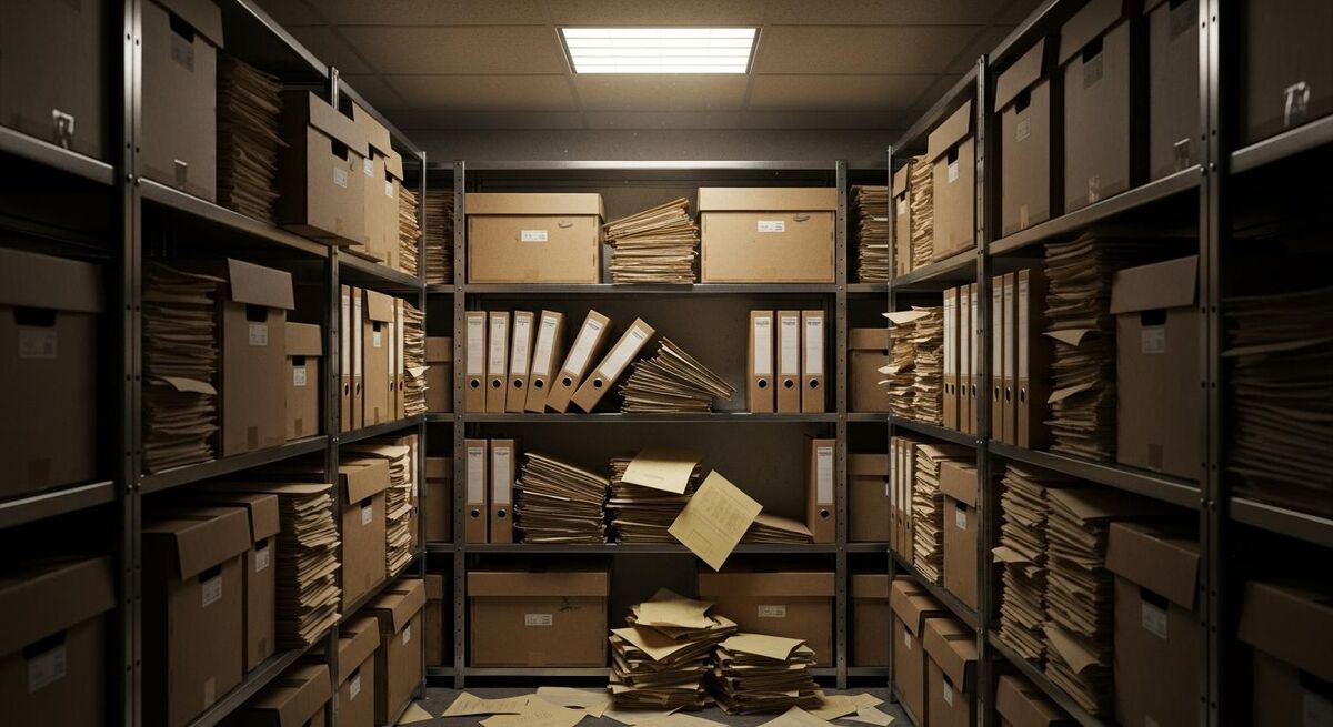 Rows of archive boxes and paper folders in a cramped storage room, representing scattered compliance records