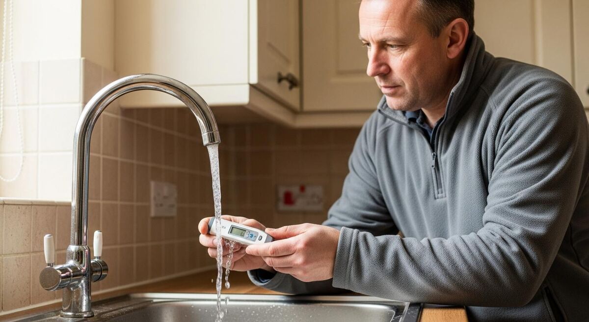 A water hygiene engineer checking a temperature reading at a tap in a domestic kitchen