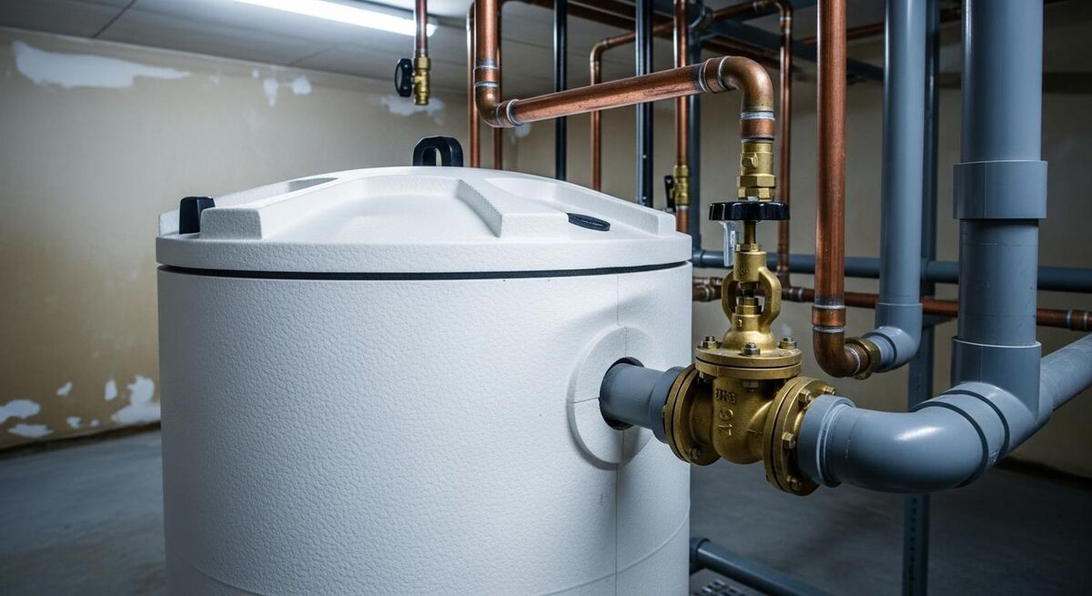 A large insulated cold water storage tank and copper pipework in a plant room