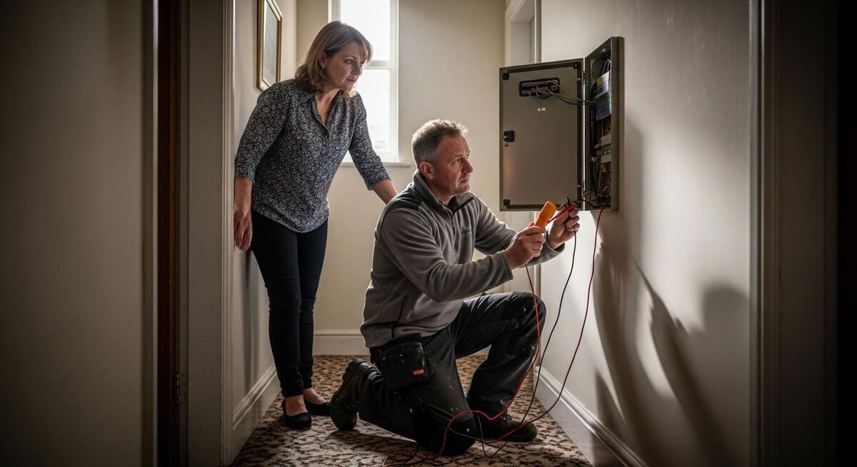 Landlord watching an electrician test an electrical panel in a UK terraced house hallway