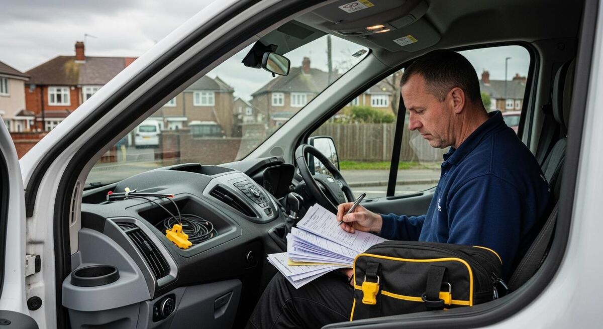 Electrician reviewing compliance paperwork in a van on a suburban UK street