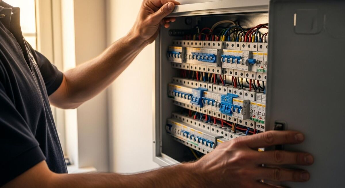 Electrician opening a consumer unit to inspect MCBs and RCBOs during an EICR