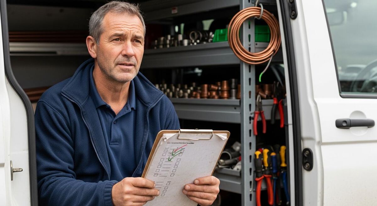Tradesperson reviewing a decision checklist on a clipboard in a van