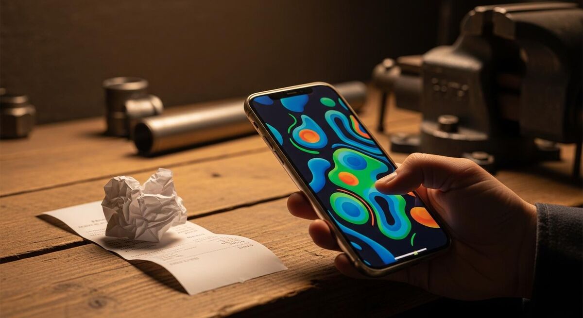 Trades business owner photographing receipts with a phone to import into accounting software