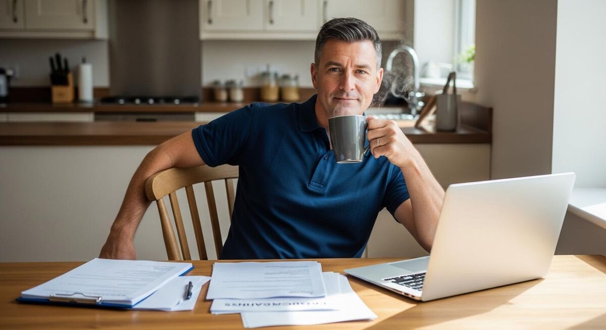 UK trades business owner reviewing accounts on a laptop in a workshop