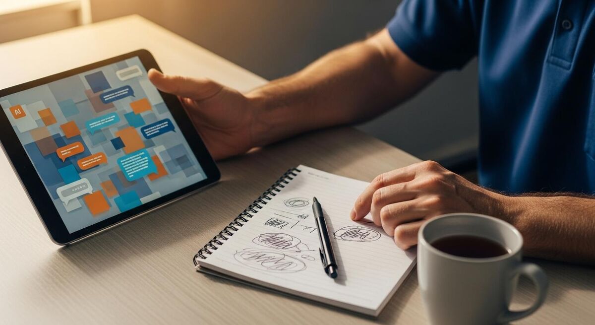 Tradesperson using a tablet with AI tools open beside hand-written notes