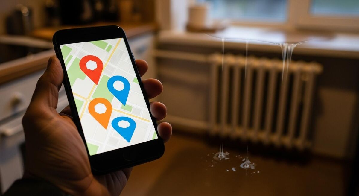 Hand holding a phone showing a Google Maps search for a local trade