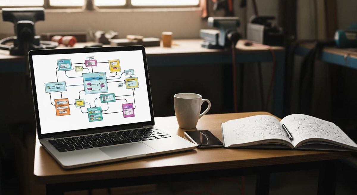 A laptop on a workshop bench showing a visual automation workflow diagram
