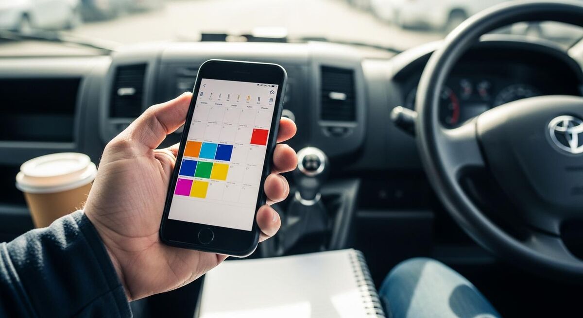 A tradesperson checking a phone calendar showing quarterly tax deadlines