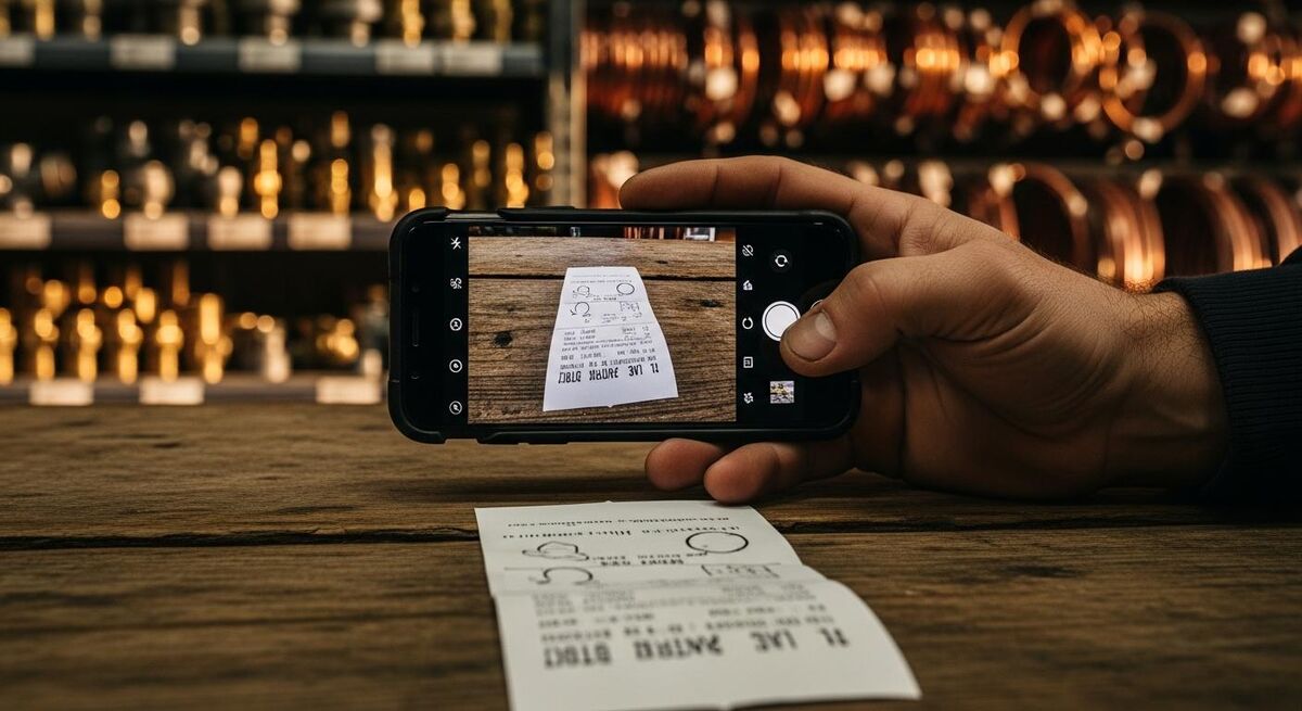 A tradesperson photographing a paper receipt at a builders merchant counter