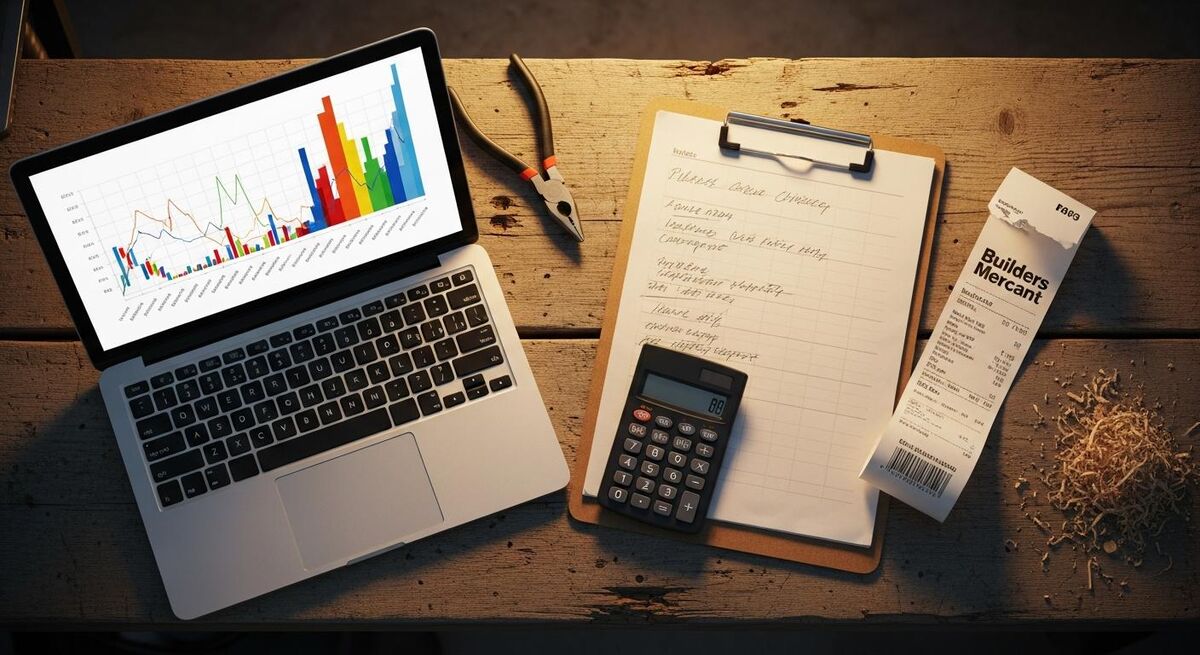 A laptop and clipboard on a workshop bench showing accounting software dashboards