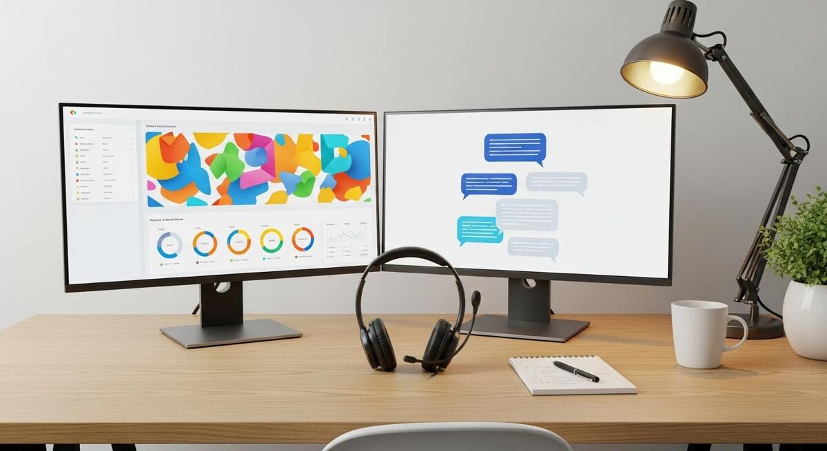 Small office workspace with dual monitors showing a customer chat dashboard and scheduling calendar