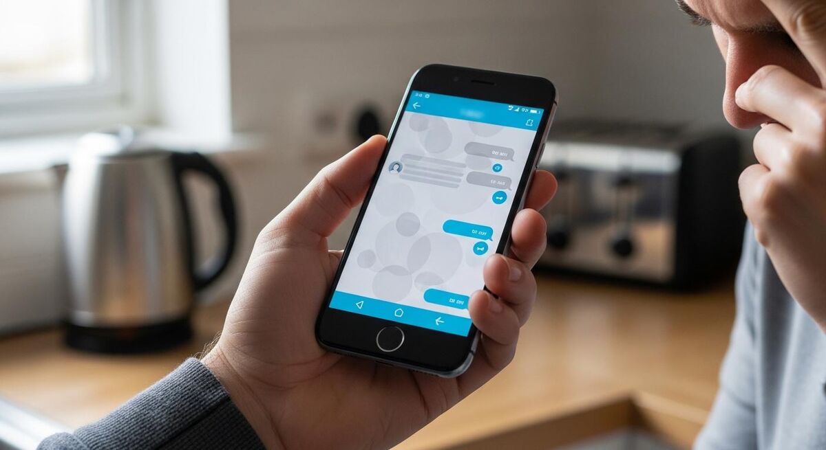 Close-up of a frustrated person tapping a phone screen showing an unhelpful automated chat response