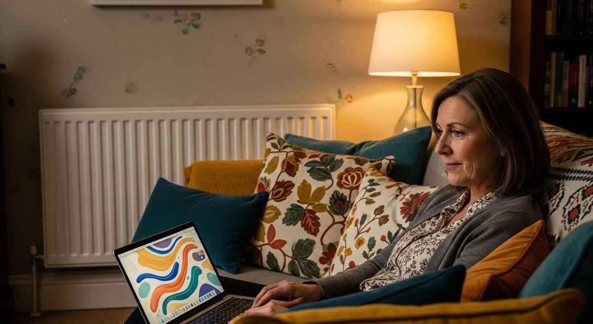 Homeowner in a living room looking at a laptop while a radiator is visible in the background