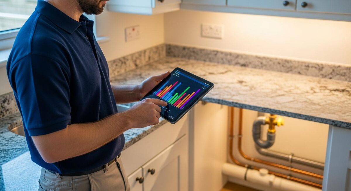 Plumber checking a tablet between jobs in a customer kitchen