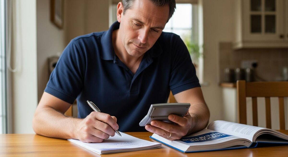 Heating engineer at a kitchen table working out a boiler quote with a calculator and notepad