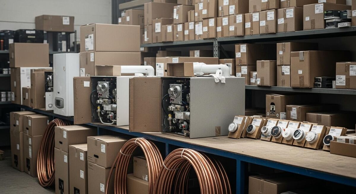 Boiler boxes, copper pipe and heating controls stacked on a merchant trade counter