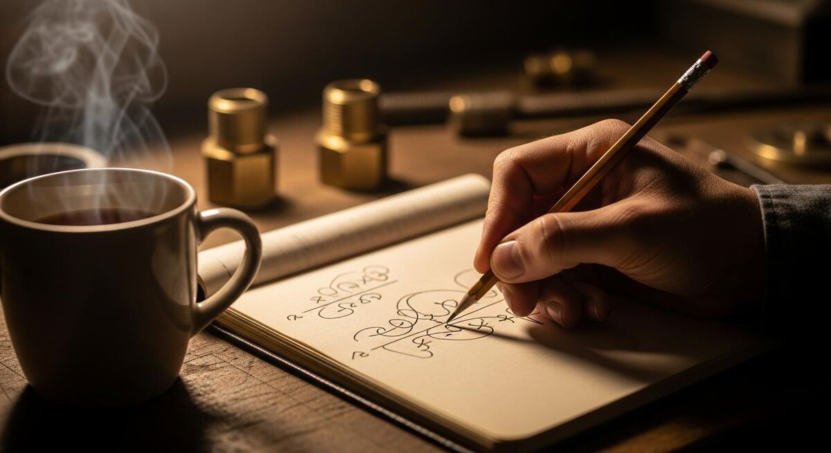 Close up of a hand writing a pricing formula in a notebook beside a mug of tea on a workshop bench