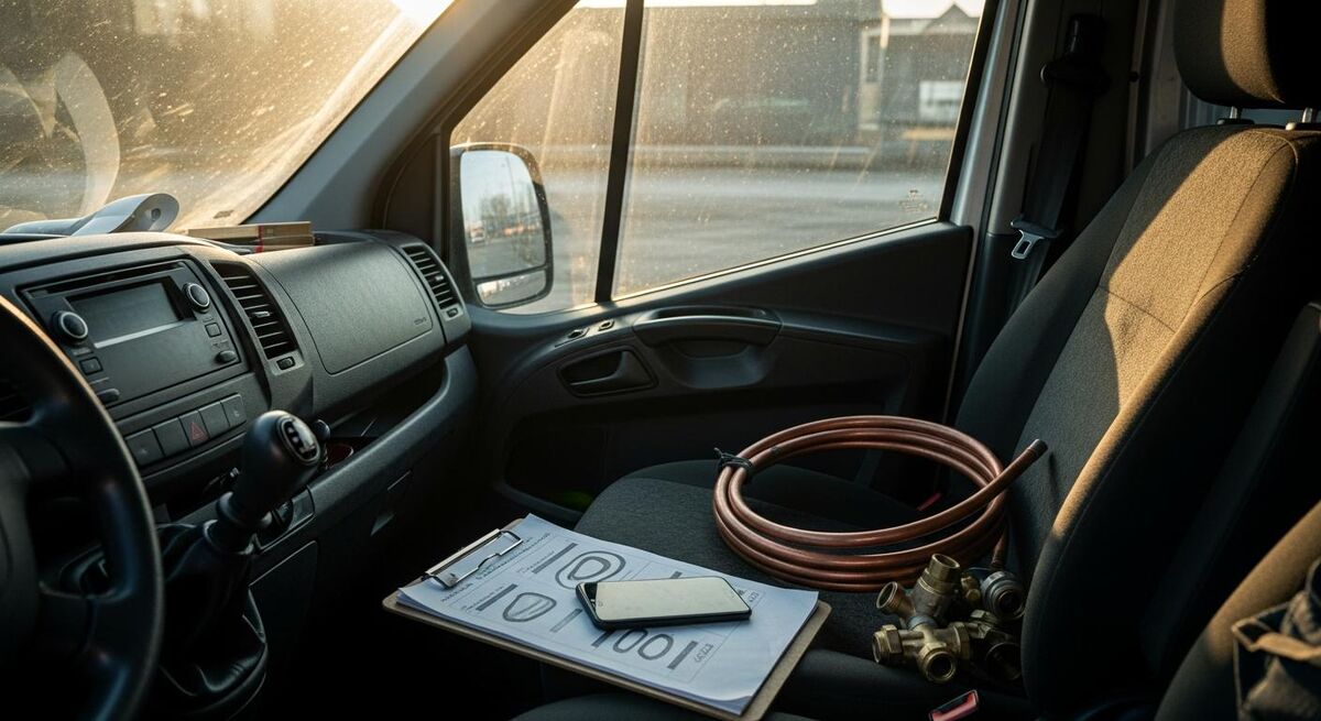 Van interior with heating parts and paperwork, a phone showing an abstract chart resting on the dashboard