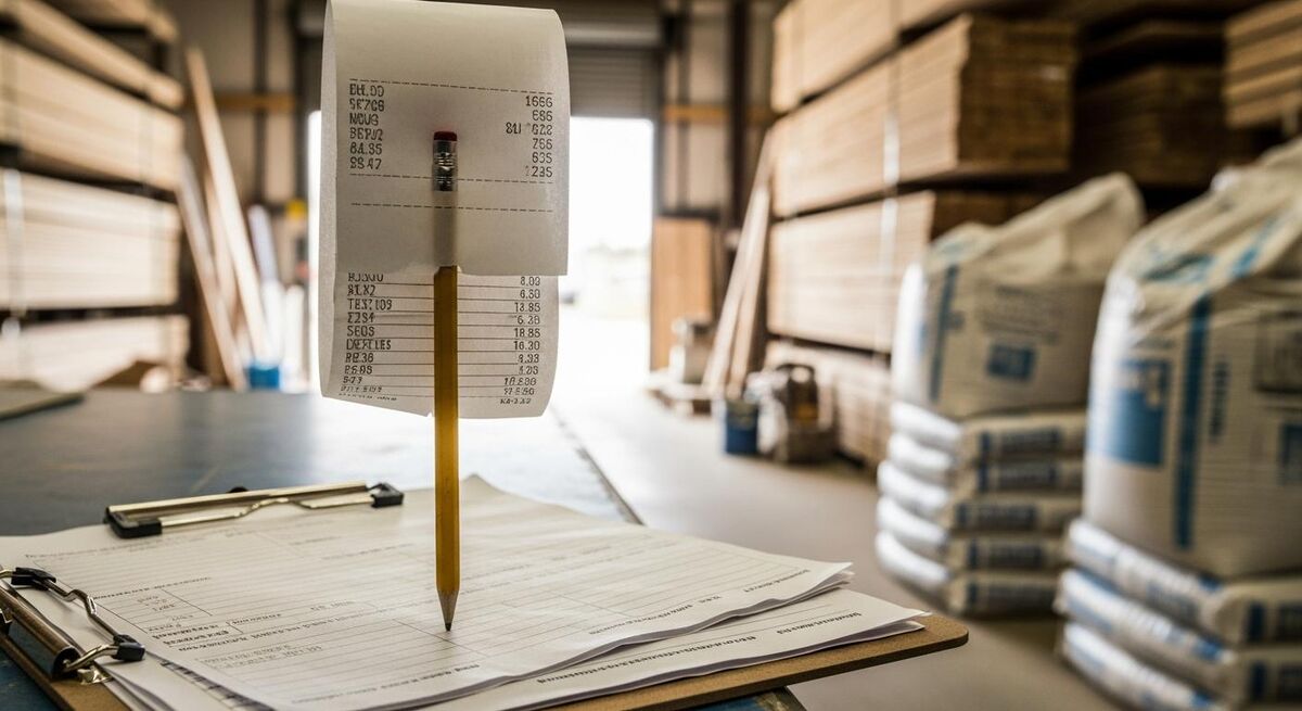 A trade counter ticket with timber and aggregates priced up, stacked on a clipboard beside a yellow pencil