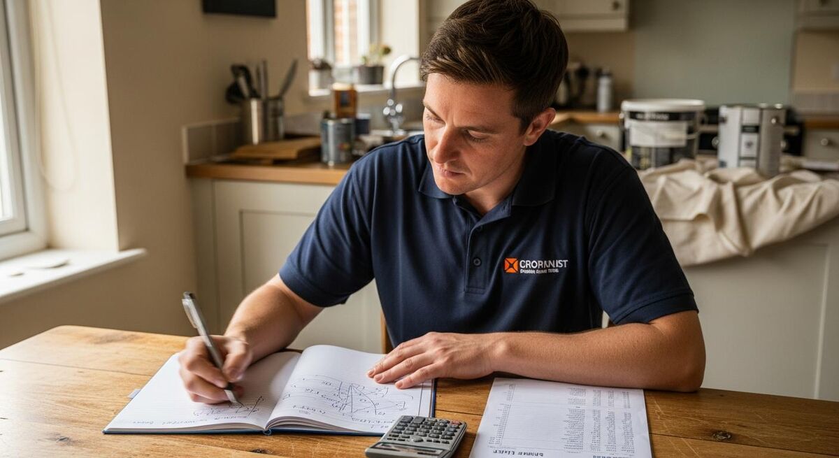A tradesperson in a polo shirt sat at a kitchen table writing a quote longhand with a calculator and a paper supplier price list