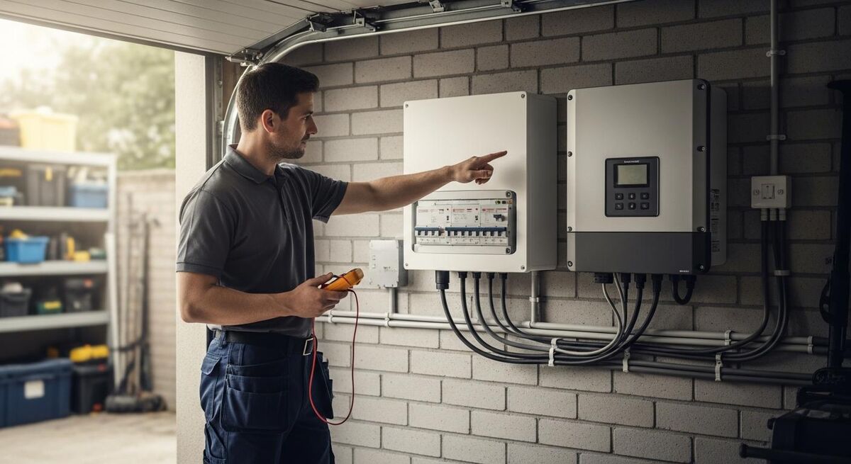 Electrician checking a domestic consumer unit and inverter in a garage before a grid connection notification