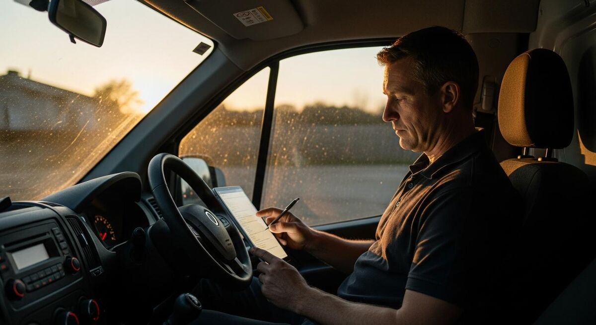 Heat pump engineer sat in a van cab working through installation paperwork on a tablet