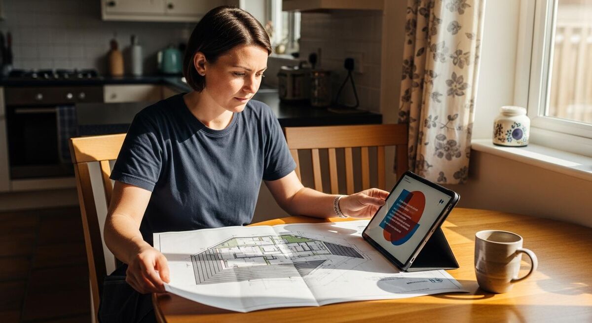 Solar installer comparing a roof layout drawing with a multi-option quote on a tablet at a kitchen table
