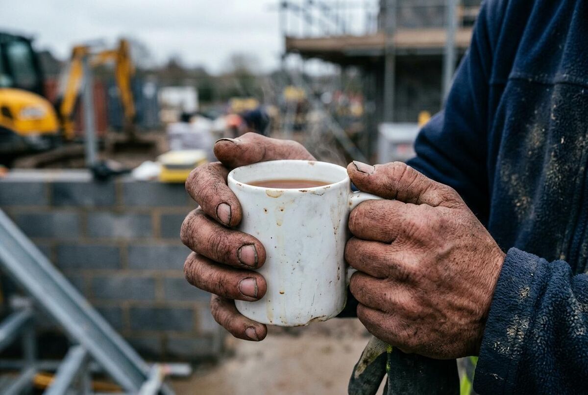 Weathered, calloused hands holding a mug of tea on a cold construction site, showing the physical toll of trades work