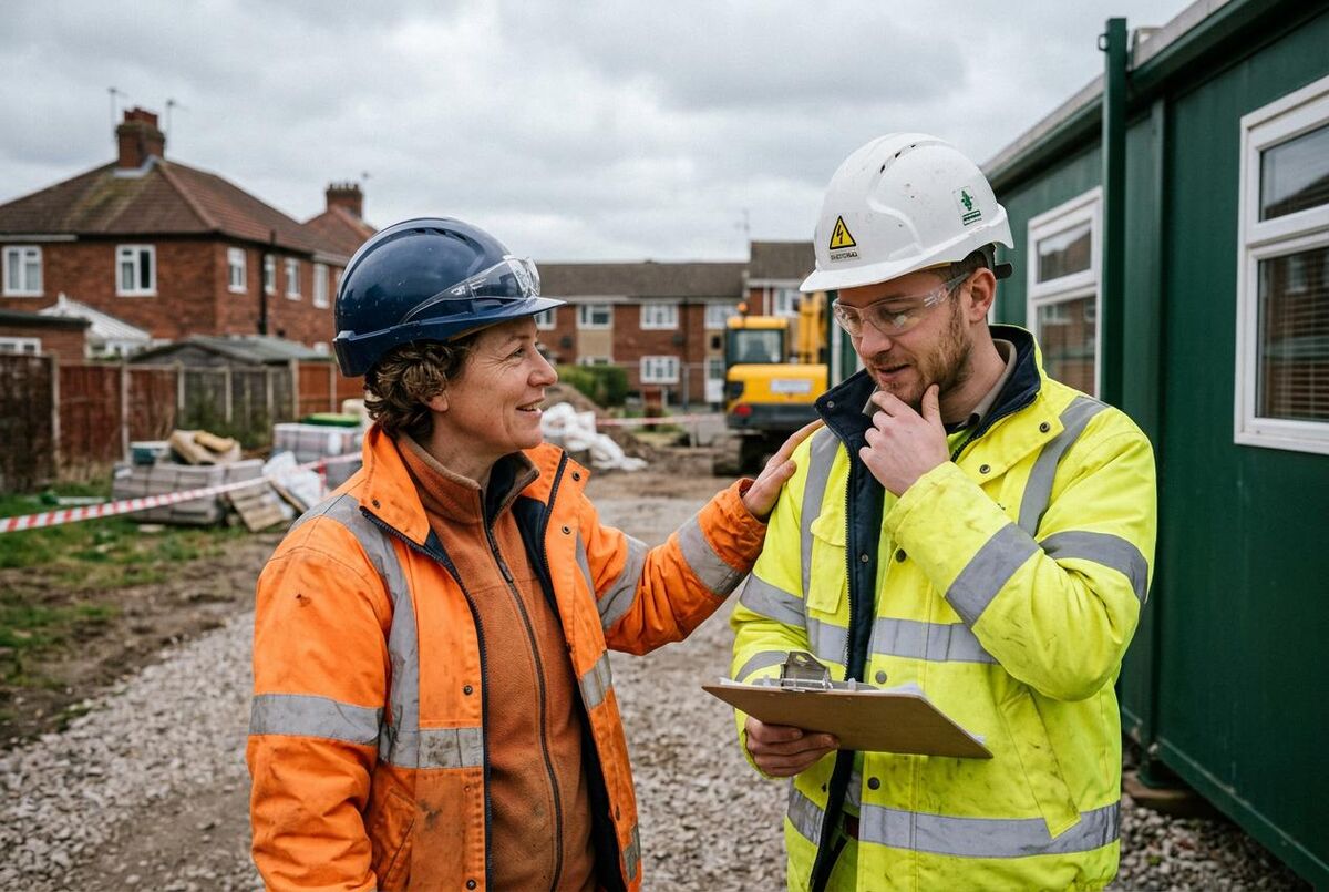 A female site manager and male electrician having a supportive conversation on a UK construction site