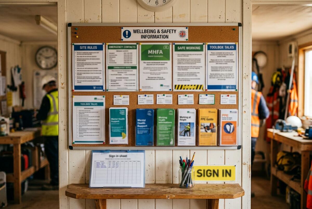 A wellbeing and safety information board in a UK construction site cabin, showing mental health leaflets and contact details