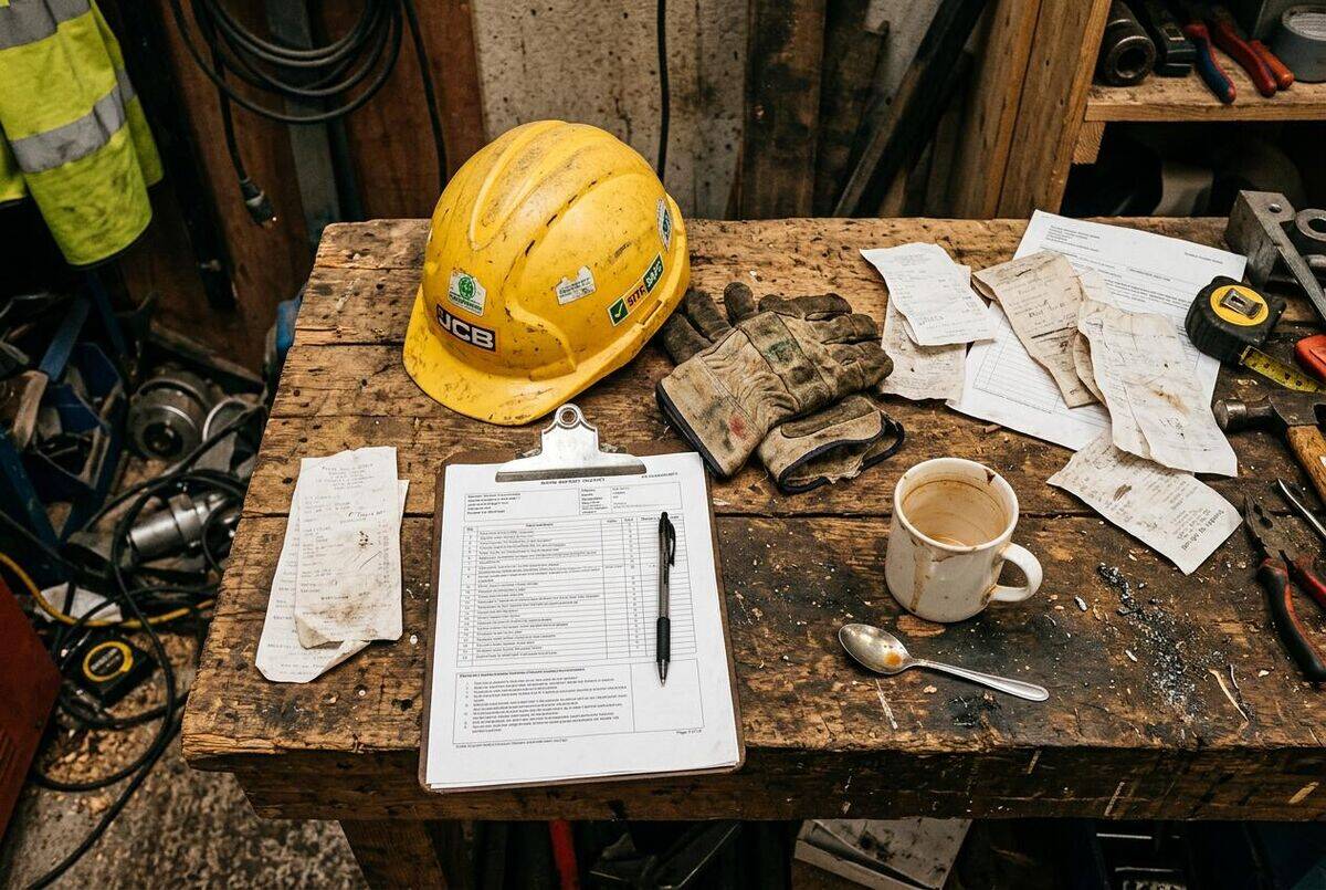 Construction worker's workbench with hard hat, clipboard and mug, representing the daily pressures tradespeople face