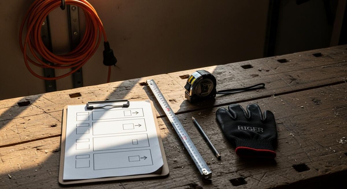 Clipboard on a workbench with a 90-day implementation plan, a hard hat and a measuring tape beside it