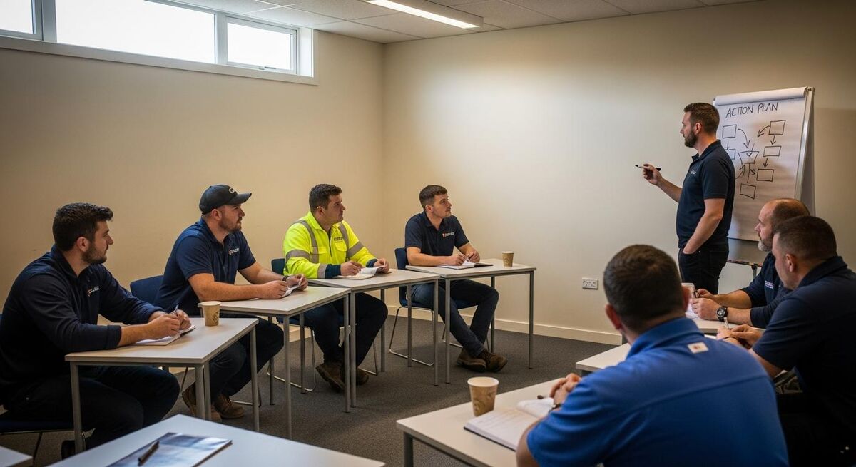 Small training room with trades workers seated in a semi-circle while an instructor demonstrates an action plan on a flipchart