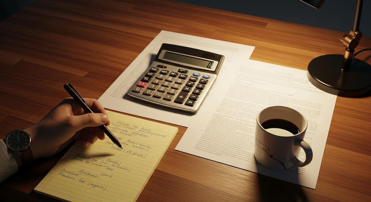 Tradesperson at a desk reviewing a training budget spreadsheet with a calculator and a printed CITB document