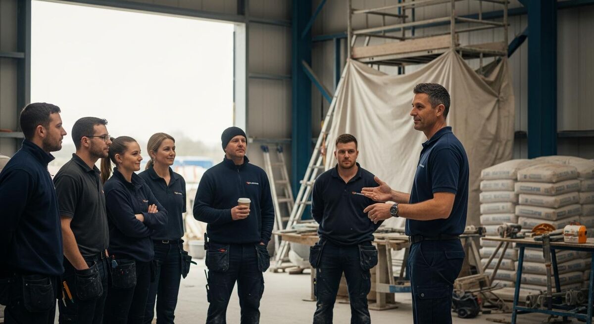 Site supervisor leading a small group of trades workers through a morning toolbox talk in a partially built warehouse