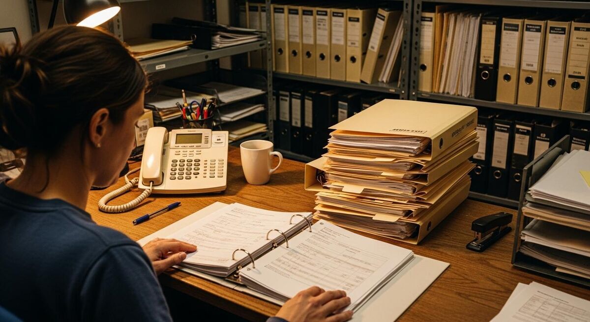 An administrator working through stacks of paper job files and lever-arch folders in a back office