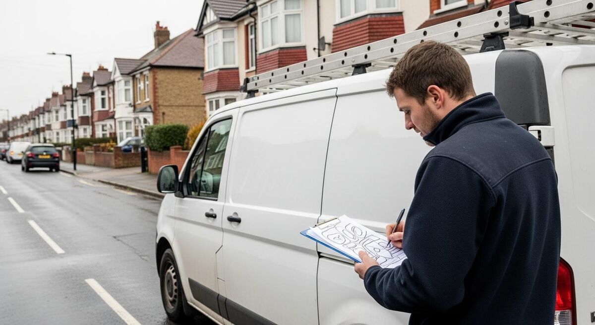 A field service engineer checking a clipboard beside a work van on a residential street
