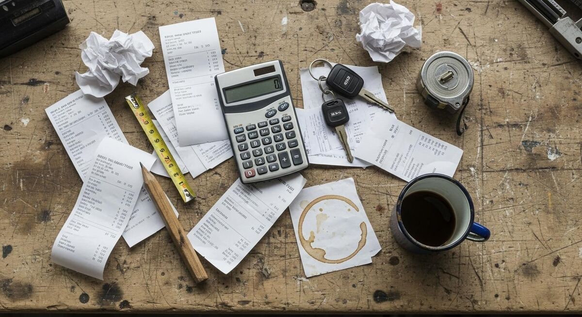 Receipts, a calculator, tape measure and van keys scattered across a workbench