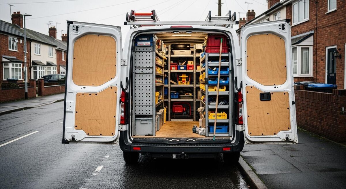 Organised van racking with materials and parts, a tablet mounted near the bulkhead