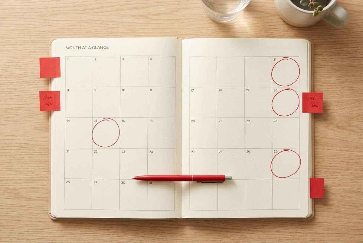 Open diary with four quarterly deadlines circled in red