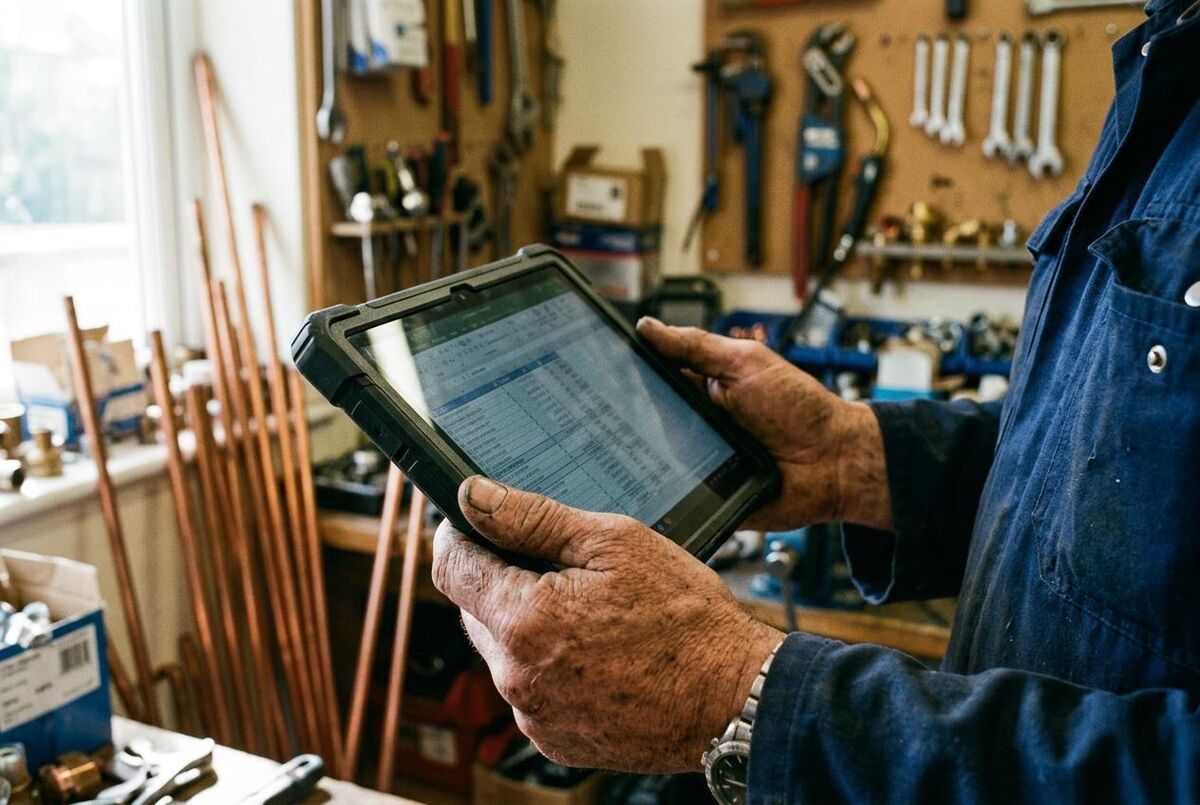 Plumber checking digital records on tablet in workshop