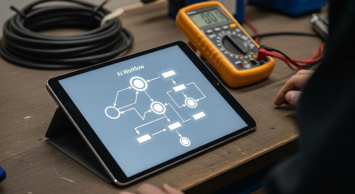 Tablet on a workbench showing an AI agent workflow with connected tool nodes