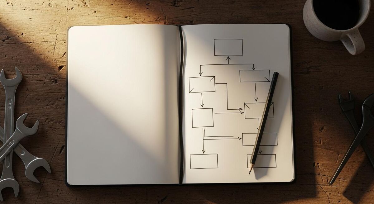 Notebook with a hand-drawn flowchart on a workshop bench showing decisions about software