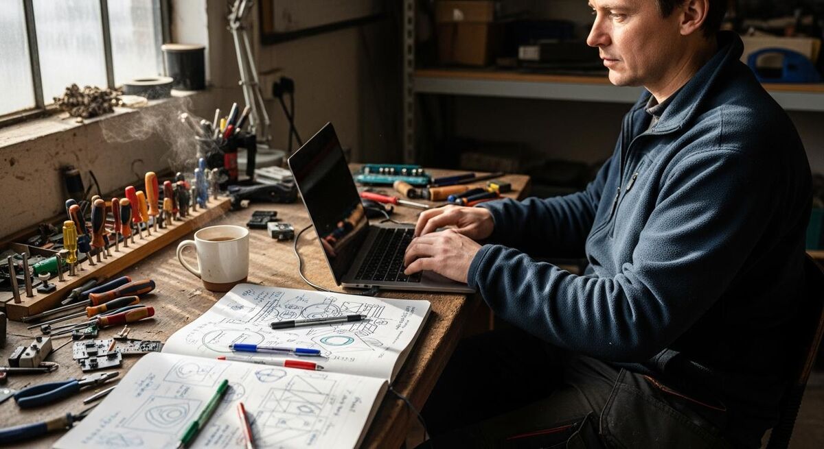 Person at a workshop bench learning automation software on a laptop with notes nearby