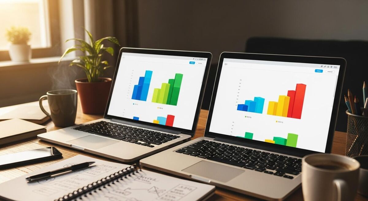 Office desk with three pricing pages open on laptops showing automation platform plans